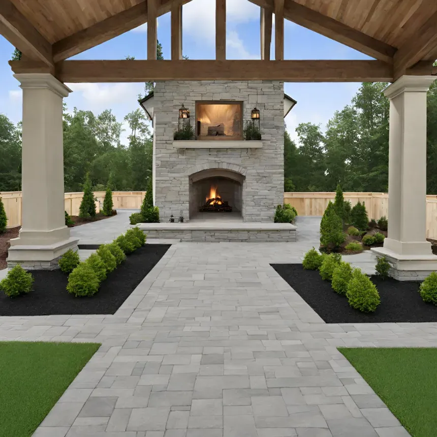 A large stone fireplace sits under a wooden roof