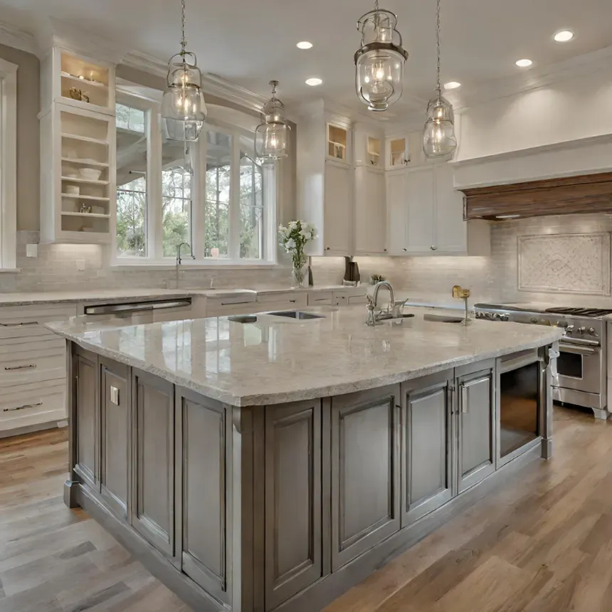 A kitchen with a large island in the middle of it