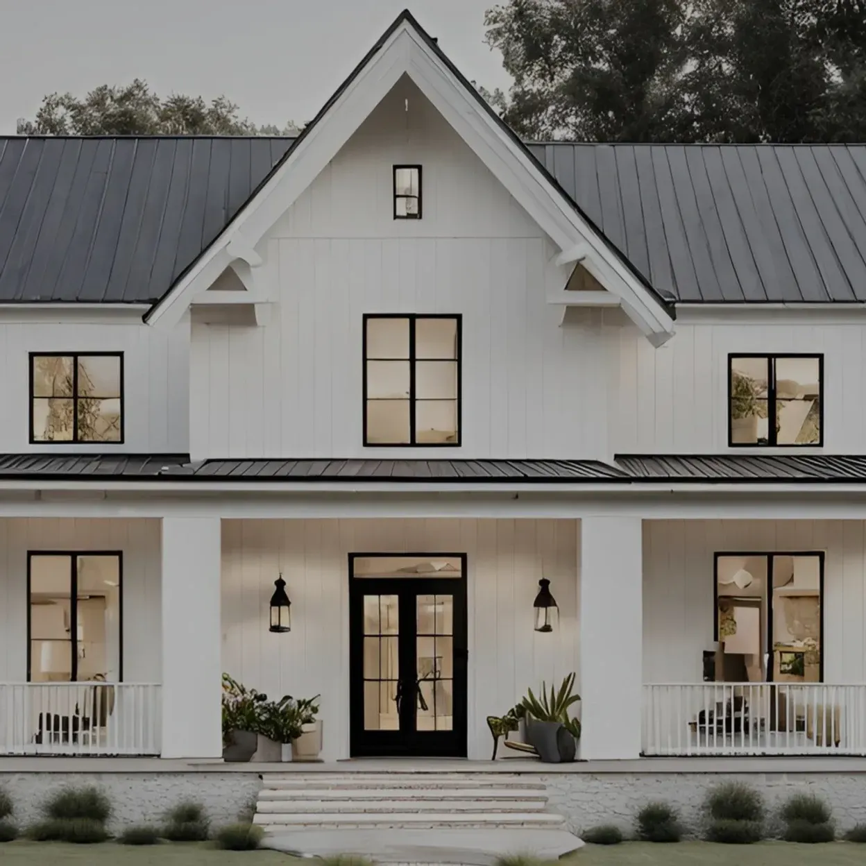 The front of a white house with a black door