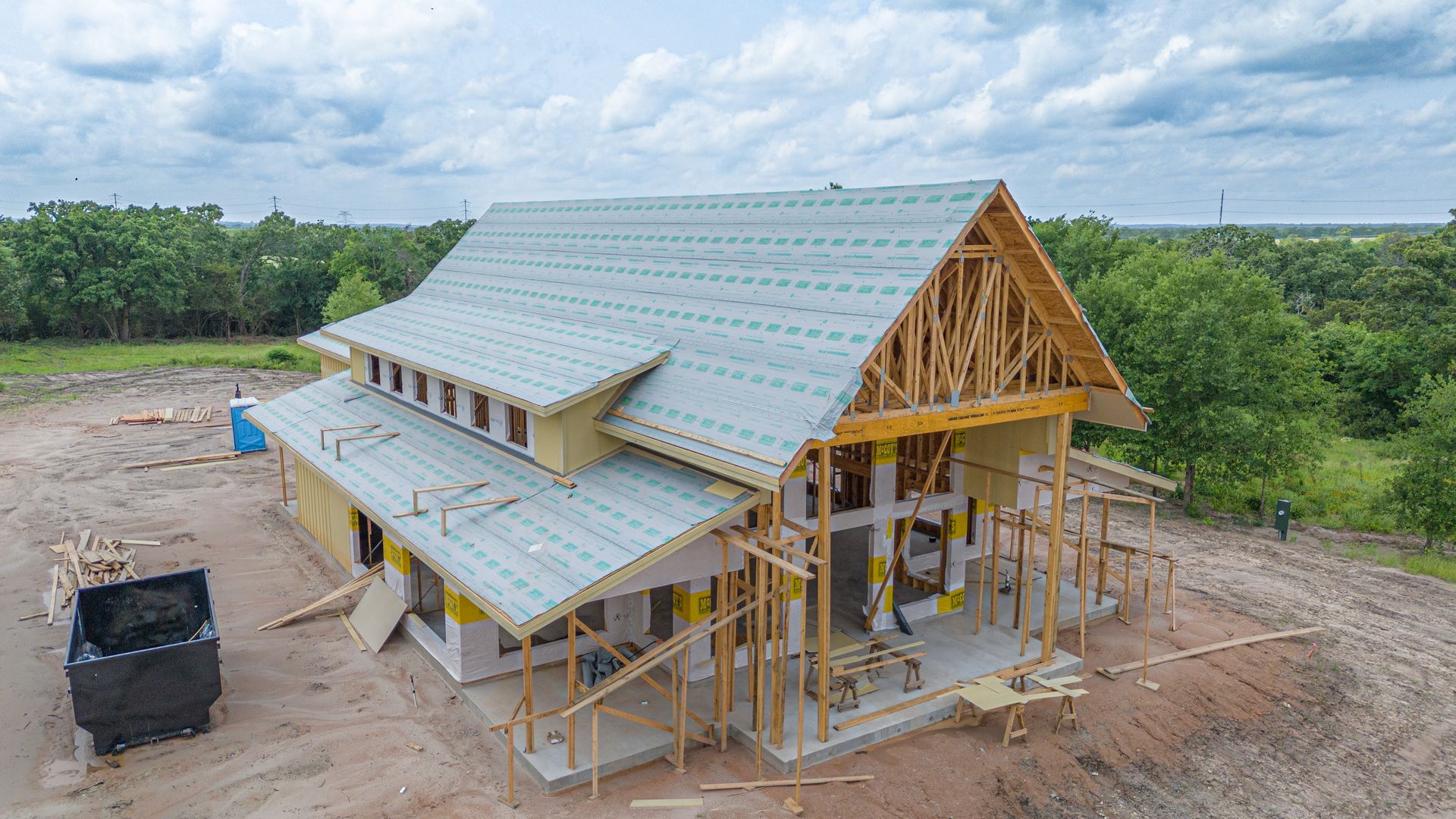 An aerial view of a house under construction.