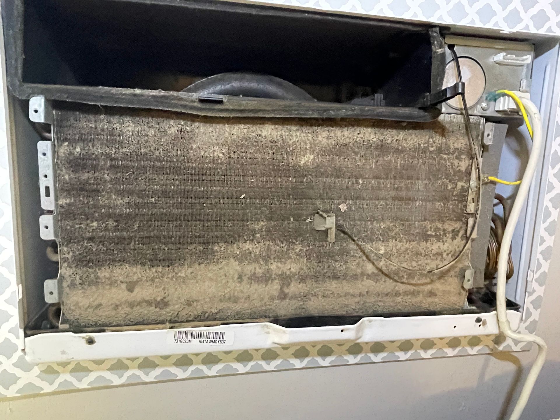 Dirty window air conditioner, the cooling coils covered in dust and debris.