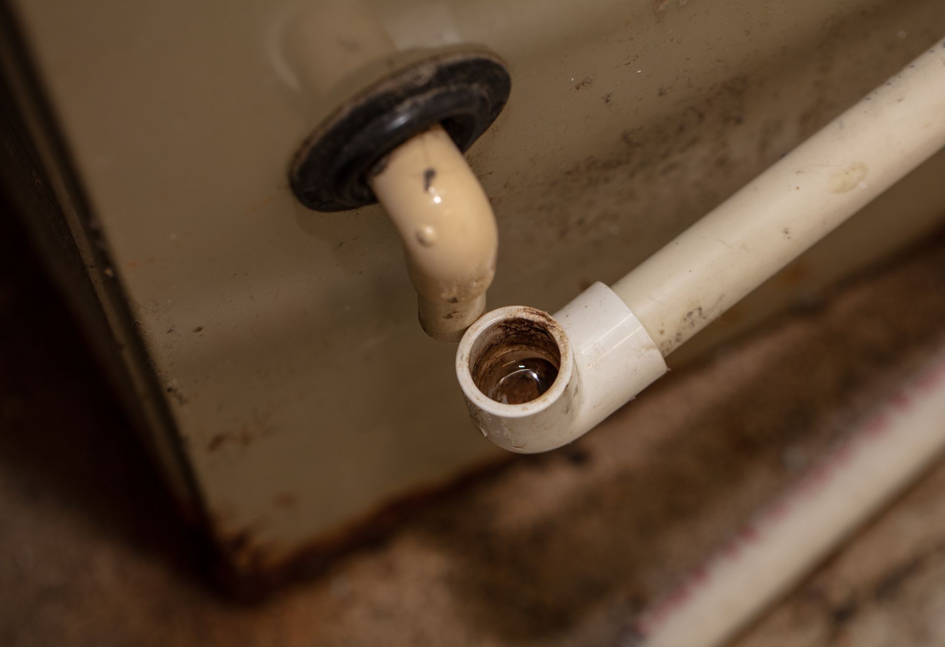 Close-up of a disconnected sink drain pipe. The elbow joint shows brown residue.