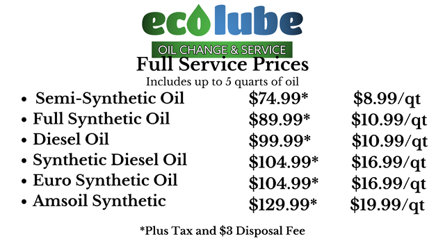 Price list for Ecolube oil changes: types, prices, and quart costs.