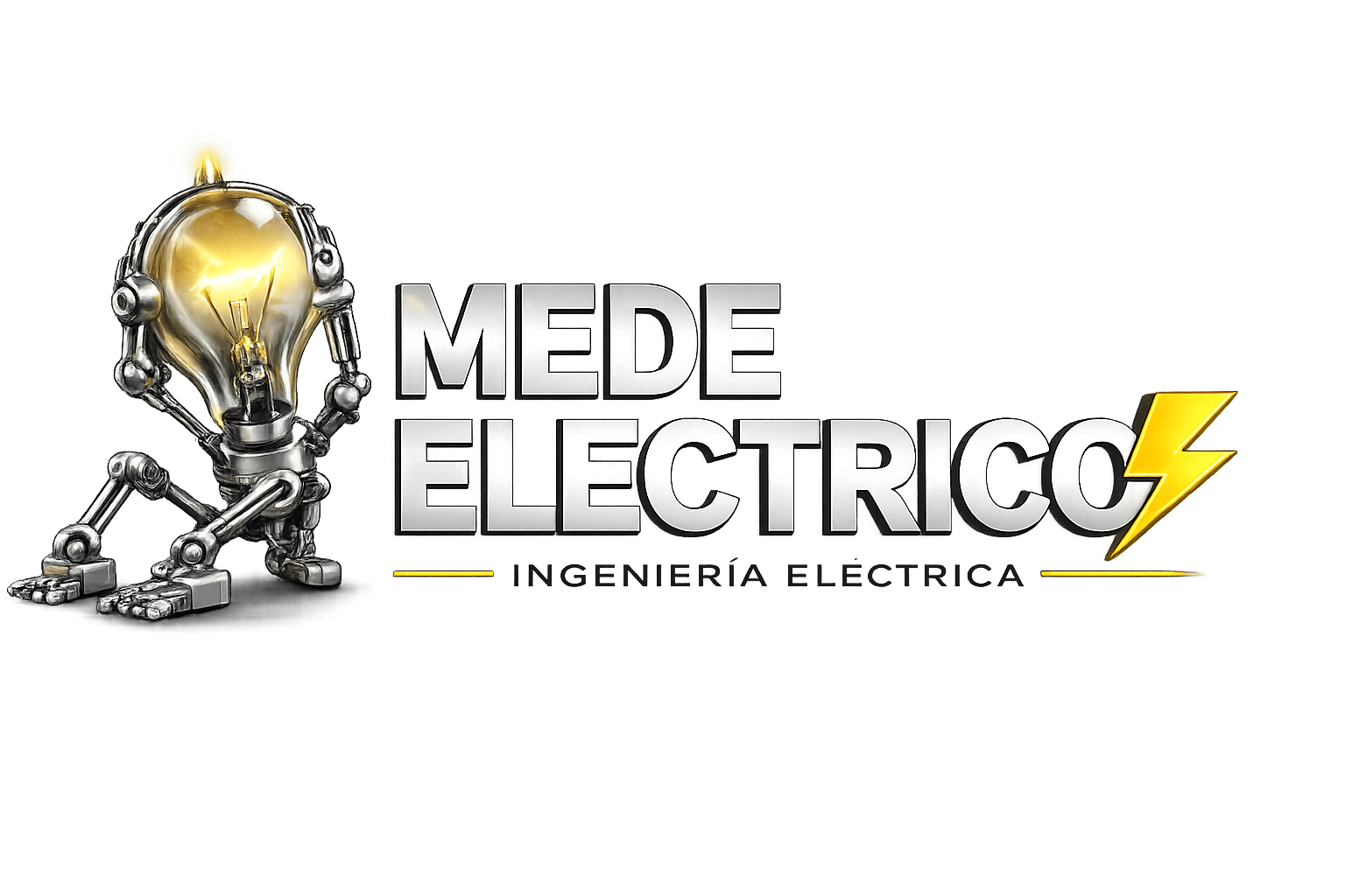 MEDE ELECTRICO logo with a lightbulb robot and yellow lightning bolt, for ingeniería eléctrica