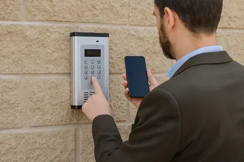 Hombre usando un teléfono inteligente para desbloquear un intercomunicador con teclado en una pared de ladrillos.