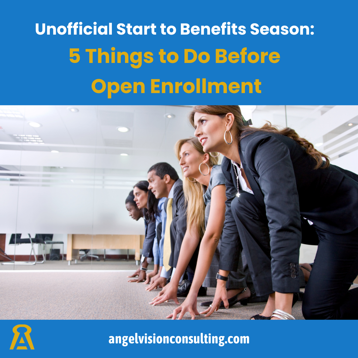 Business professionals preparing to start race - 5 things to do before open enrollment