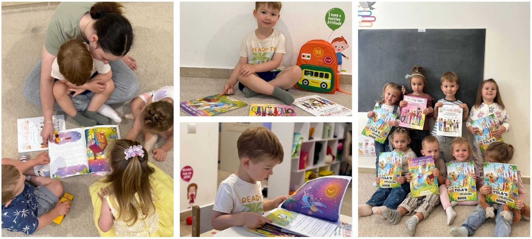 Children reading and playing with books in a classroom with a teacher.