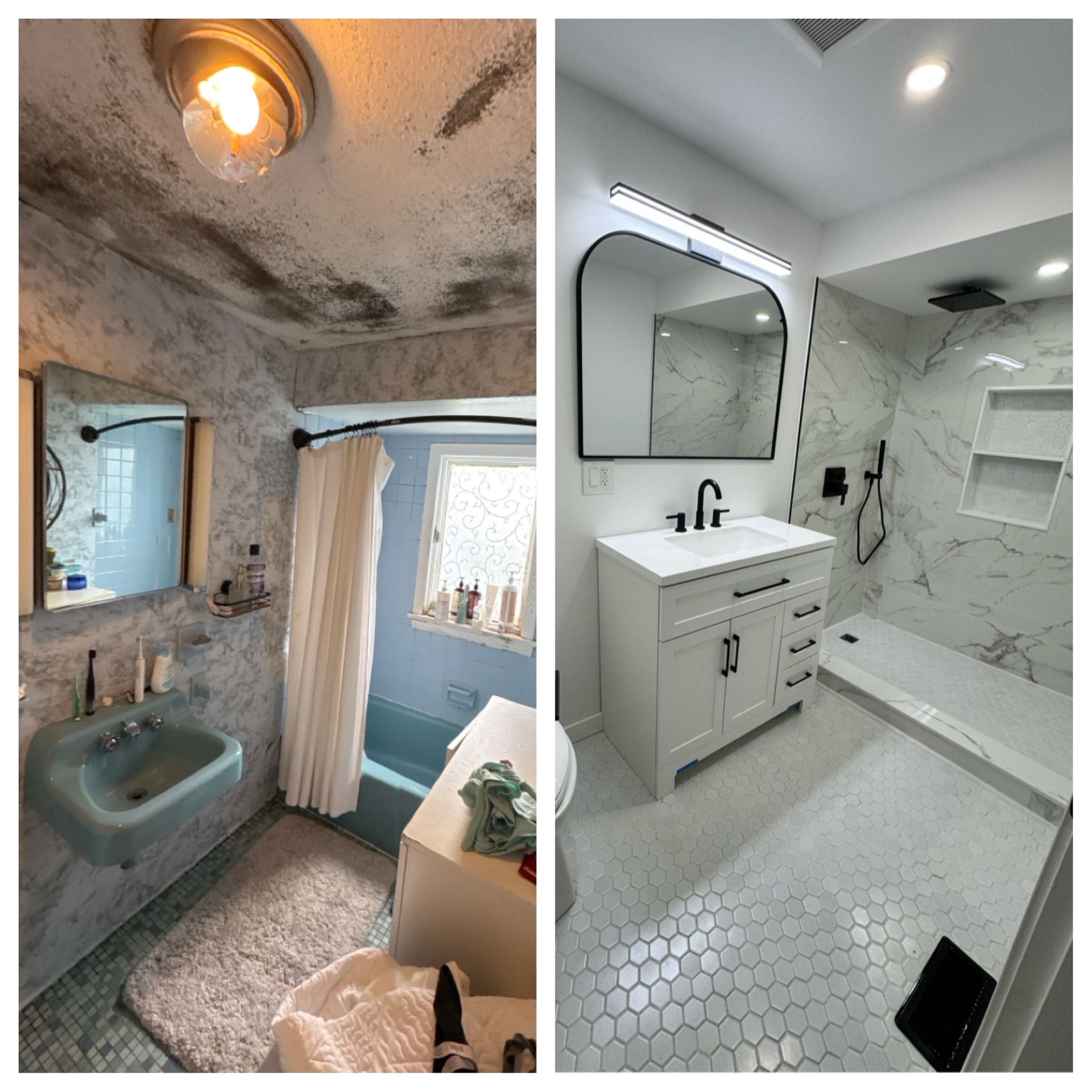 Before and after bathroom renovation: old, cramped space transformed into a modern, bright, and accessible room.