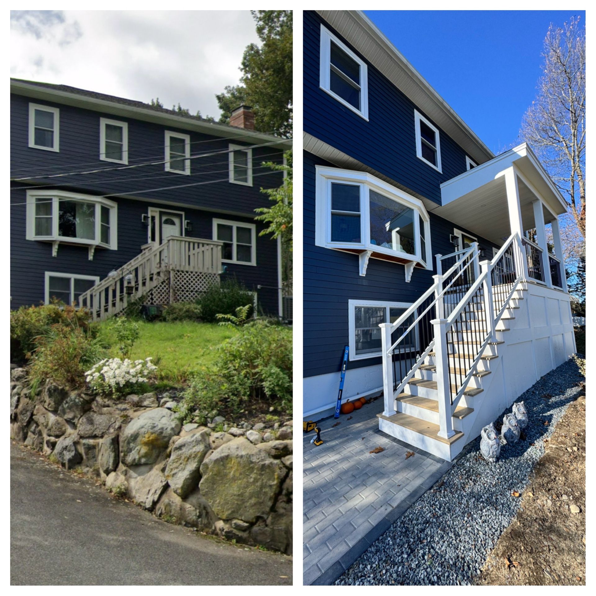 Before-and-after of a navy-blue house with white trim. The renovated house features a porch and a walkway.