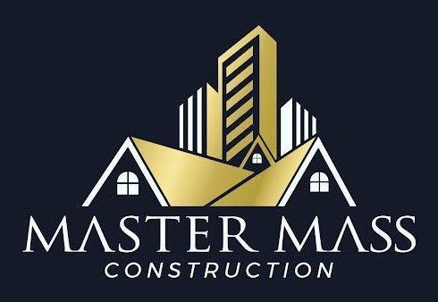 Logo for Master Mass Construction featuring golden buildings and text on a dark background.