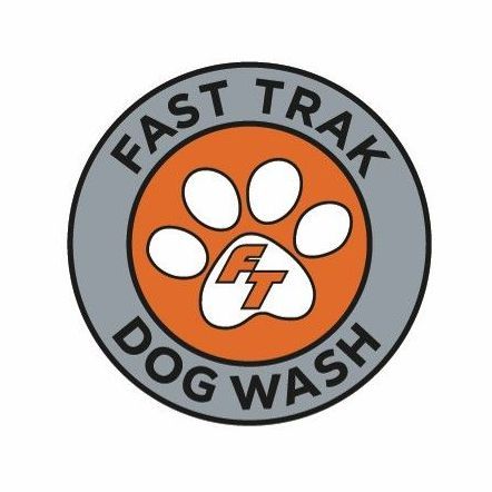 The logo for fast trak car wash is orange and gray.