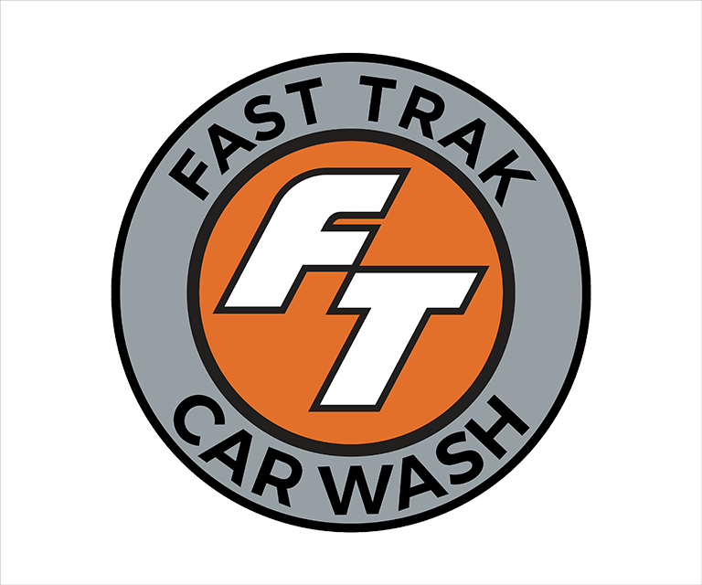 The logo for fast trak car wash is orange and gray.