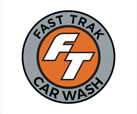 The logo for fast trak car wash is orange and gray.