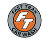 The logo for fast trak car wash is orange and gray