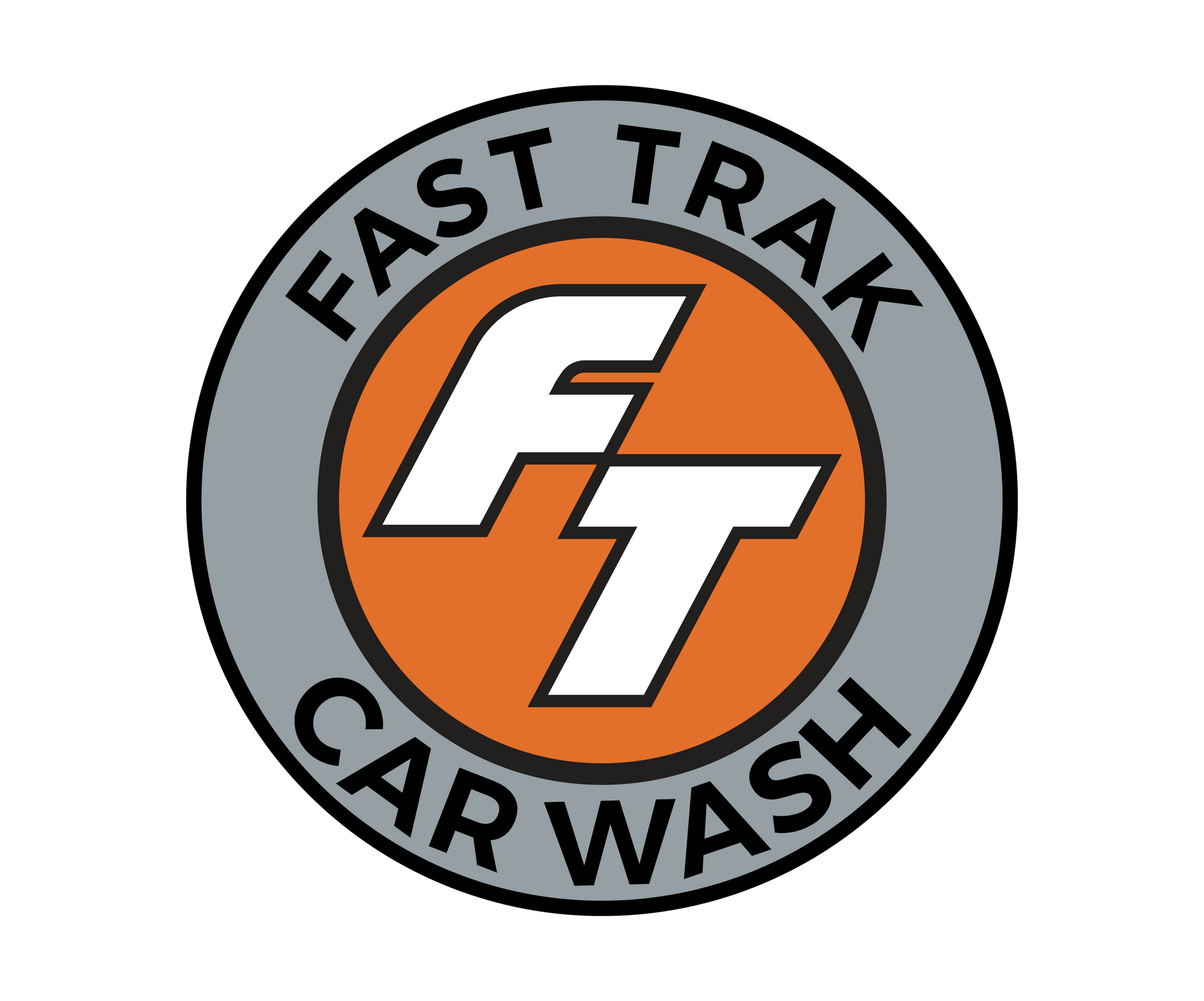 The logo for fast trak car wash is orange and gray