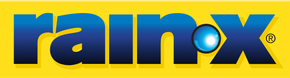 A blue rainx logo on a yellow background