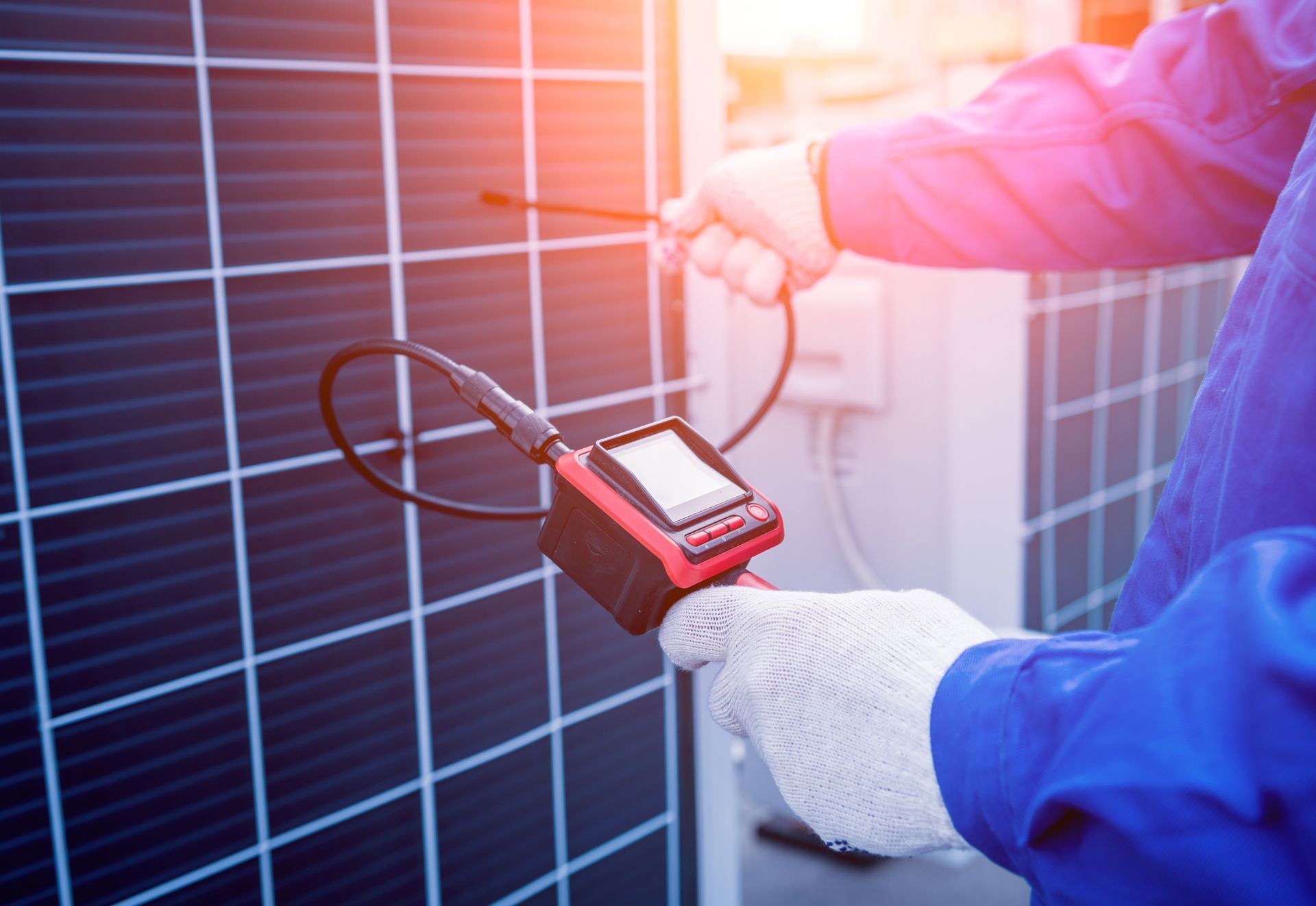 A man is holding a camera in front of a solar panel.