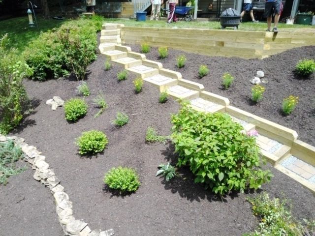 Stone steps and retaining walls with tiered landscaping and various green plants.