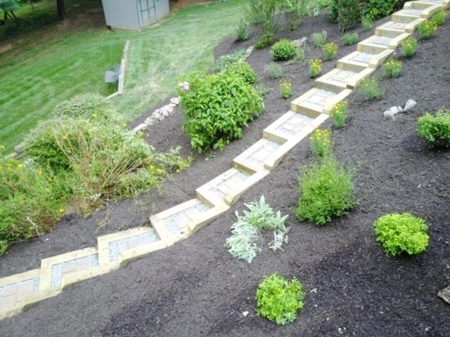Stone steps ascend a sloped garden bed with dark mulch, plants, and green lawn.