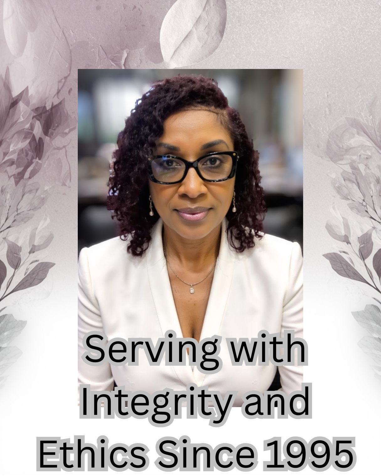 A person wearing glasses and a white blazer, centered against a floral background with the text: 