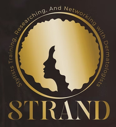 A circular gold logo features a silhouette of a woman with curly hair, with text around the rim and the word STRAND below.