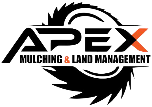 Logo for Apex Mulching & Land Management, features "APEX" in black, orange "X" with a saw blade background.