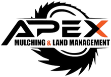 Logo for Apex Mulching & Land Management, features "APEX" in black, orange "X" with a saw blade background.