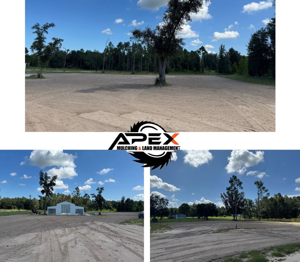 Land clearing by Apex Welding & Land Management, showing a cleared area with a building and trees against a blue sky.