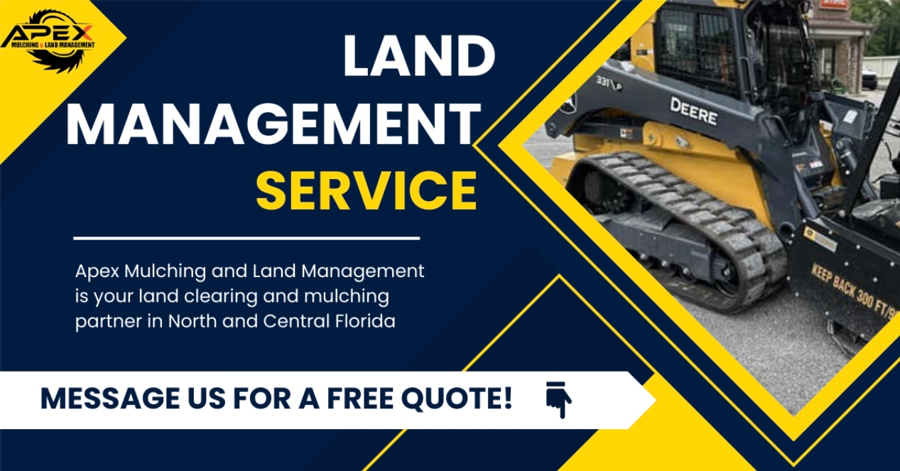 Dark blue and yellow advertisement for land management services with a tractor. Includes the company logo and a call to action.
