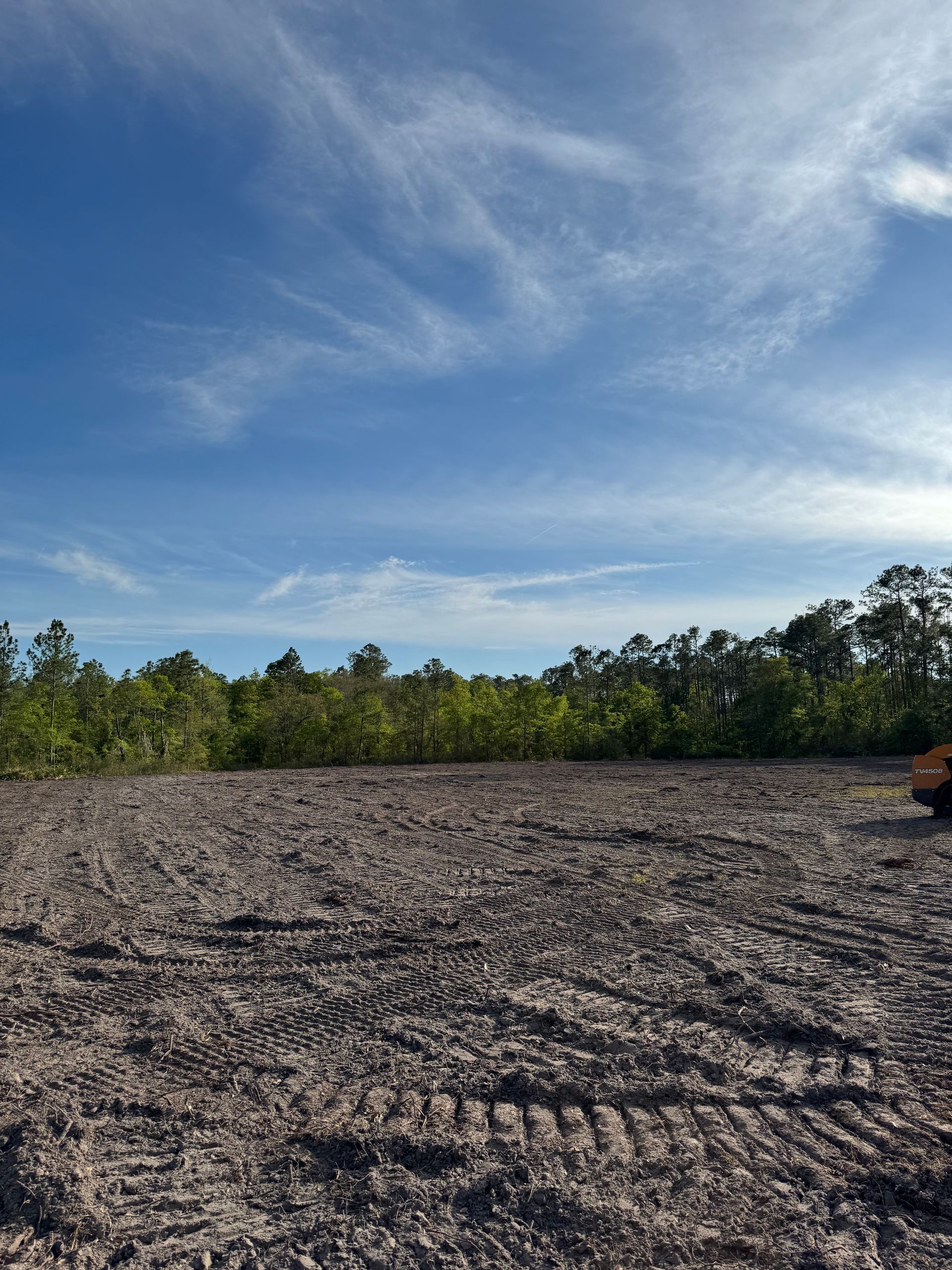 Gravel ground with trees against a blue sky dotted with wispy clouds.