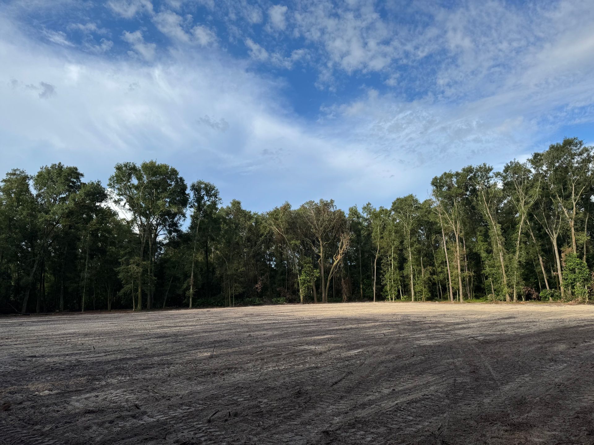 Cleared field with dark soil, bordered by a tall line of green trees, under a blue sky with wispy clouds.