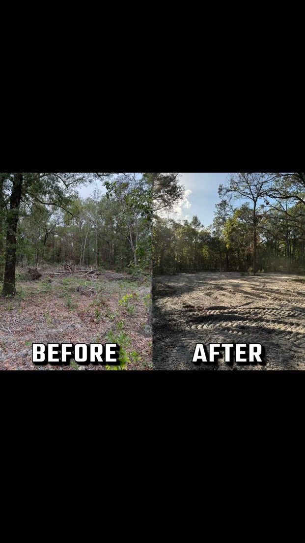 Before and after view of a forested area; trees cleared, now bare earth.