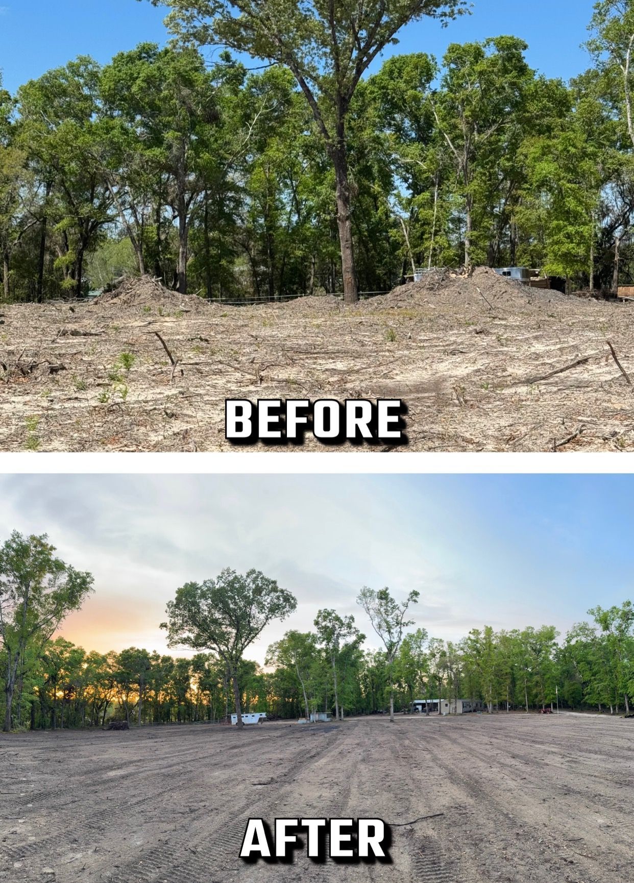 Before and after comparison: a deforested area, now cleared and leveled with visible tree line.
