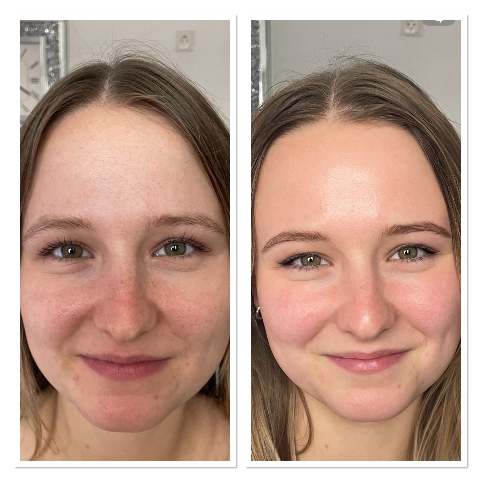 Ein Vorher-Nachher-Foto des Gesichts einer Frau mit und ohne Make-up.