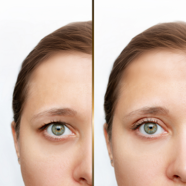 Ein Vorher-Nachher-Foto des Gesichts einer Frau mit grünen Augen.