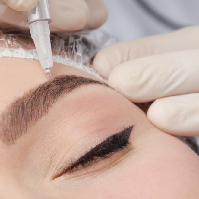 Eine Frau bekommt eine Permanent-Make-up-Behandlung für ihre Augenbrauen.