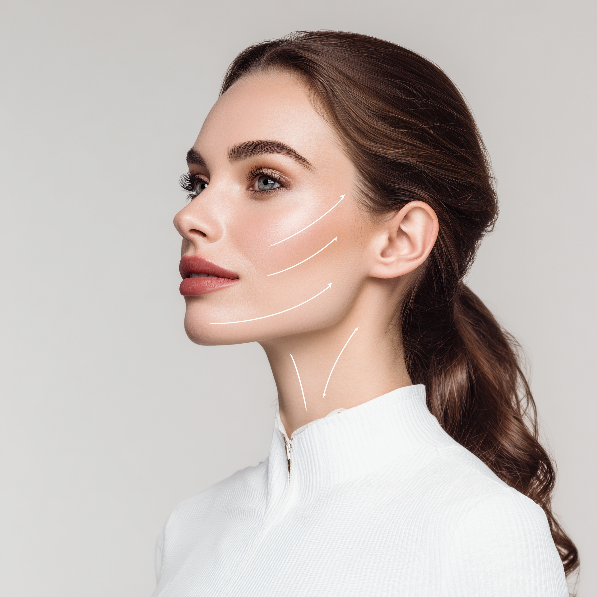 Ein Vorher-Nachher-Foto des Gesichts einer Frau mit grünen Augen.