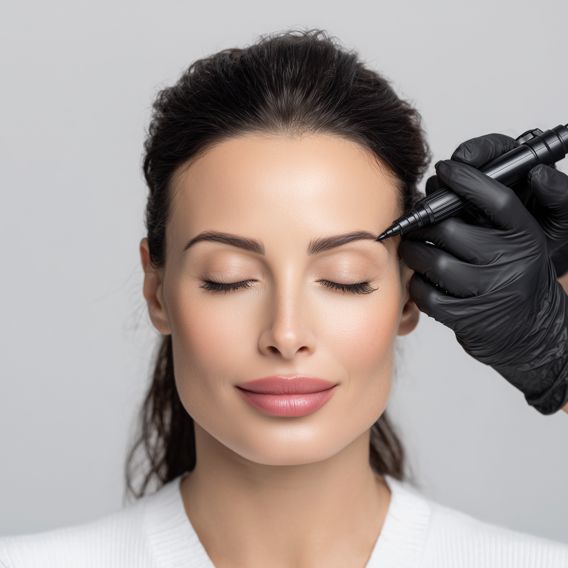 Eine Frau bekommt eine Permanent-Make-up-Behandlung für ihre Augenbrauen.