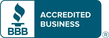 BBB Accredited Business logo in blue and white with torch icon and text