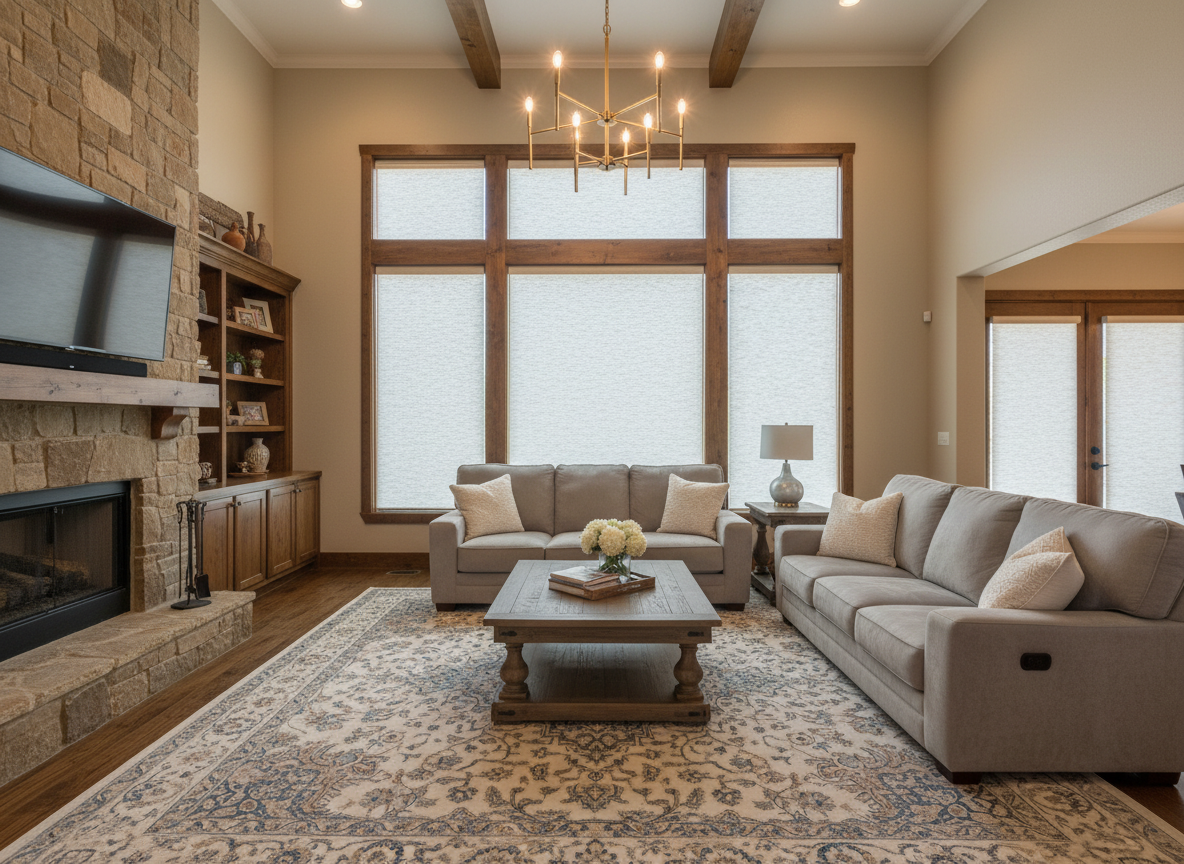 Modern living room with stone fireplace, large windows, gray sectional, and patterned rug