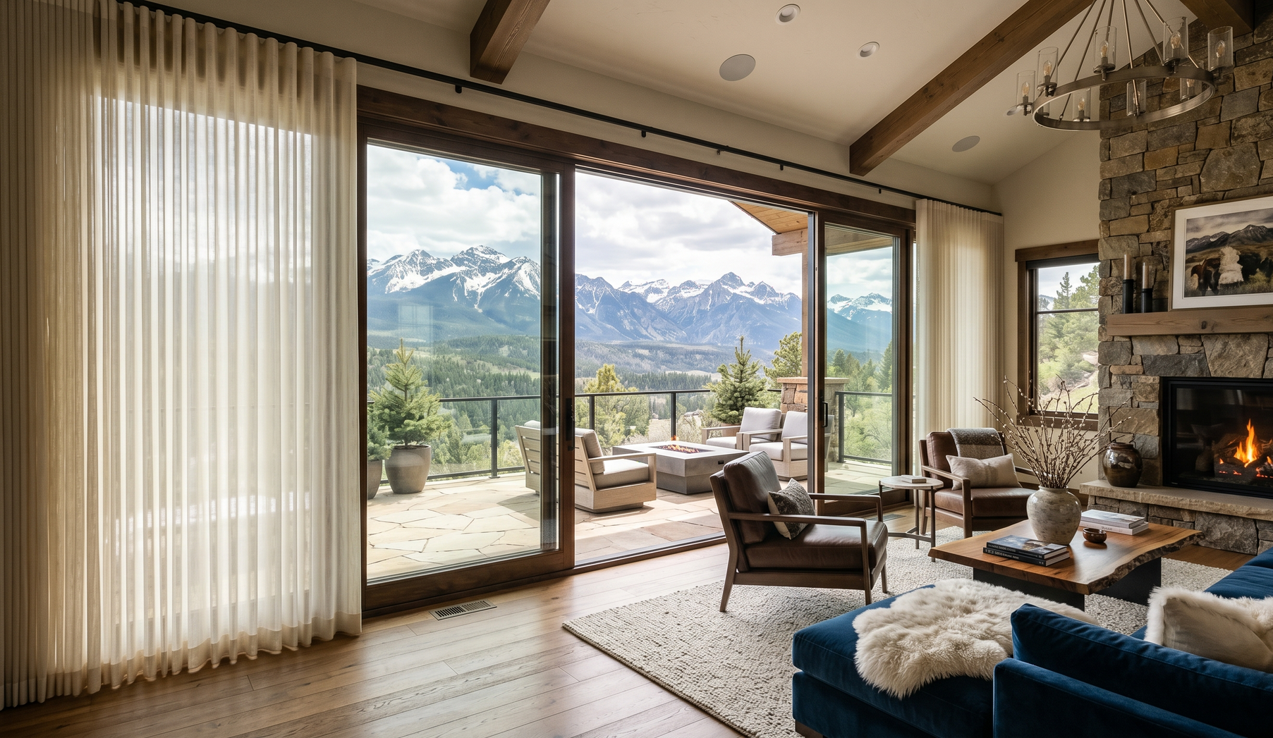 A luxury home in CO has smart drapes on the sliding glass door. 