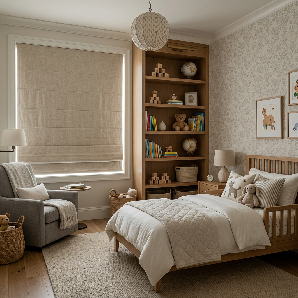 Cozy child's bedroom with a wooden bed, bookshelf, and a window with beige blackout shades.