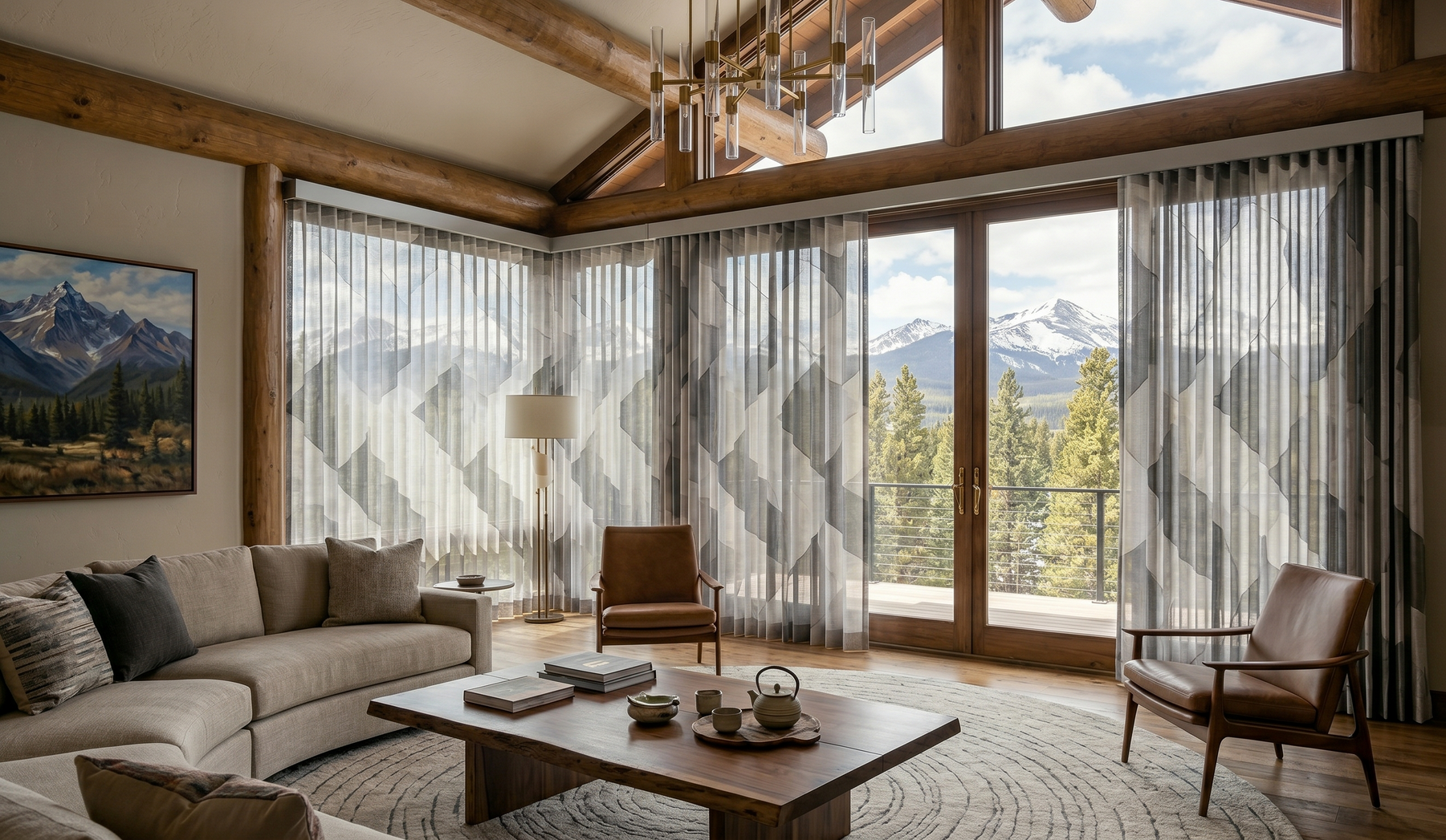A modern living room with a large sofa, wood coffee table, and armchairs, overlooking mountains through floor-to-ceiling.
