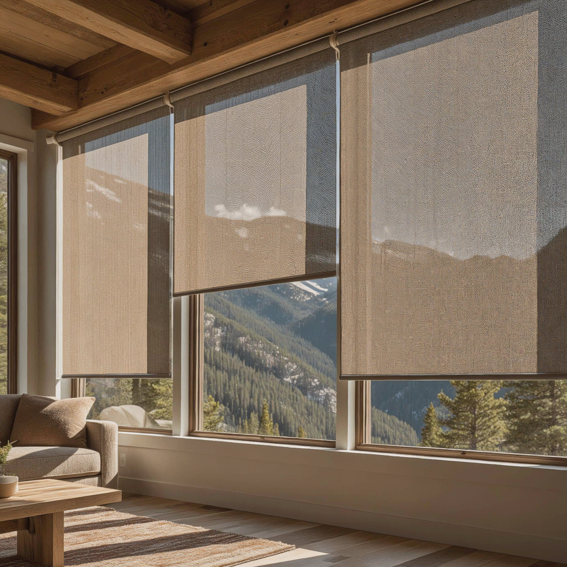Cozy living room with beige blinds, sofa, and large windows overlooking a mountain view.