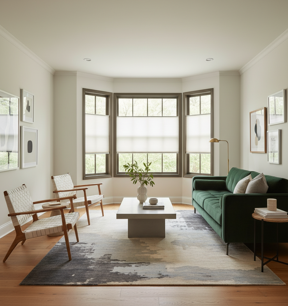 Bright living room with green sofa, wooden chairs, large bay window, and neutral rug.