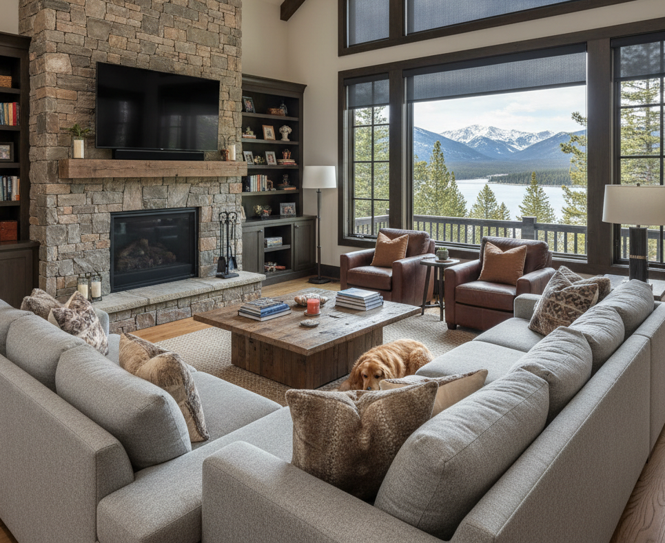 Cozy living room with stone fireplace, sectional sofa, and lake-and-mountain view through large windows