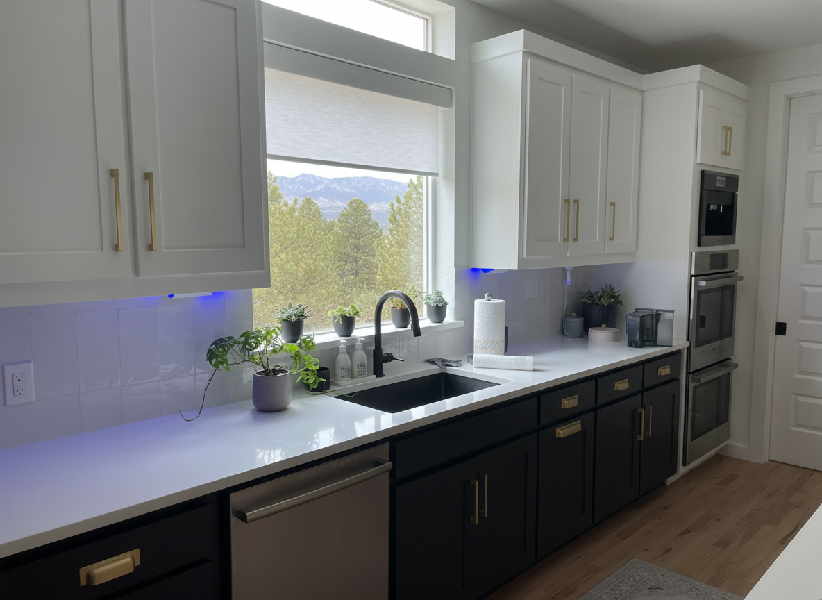 Bright modern kitchen with white and dark cabinets, solar shades on the window over sink, plants.