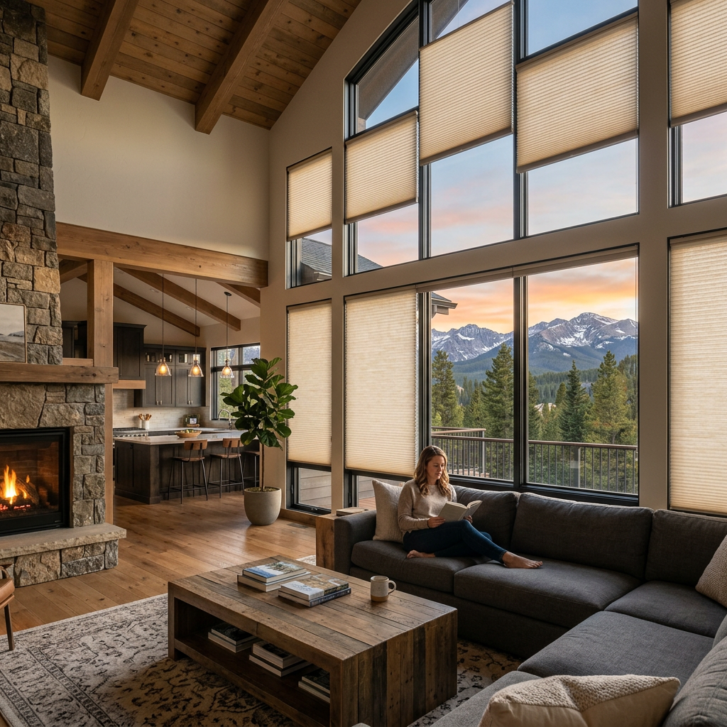 Modern mountain-view living room with a fireplace, large windows, and a person sitting on a sectional sofa