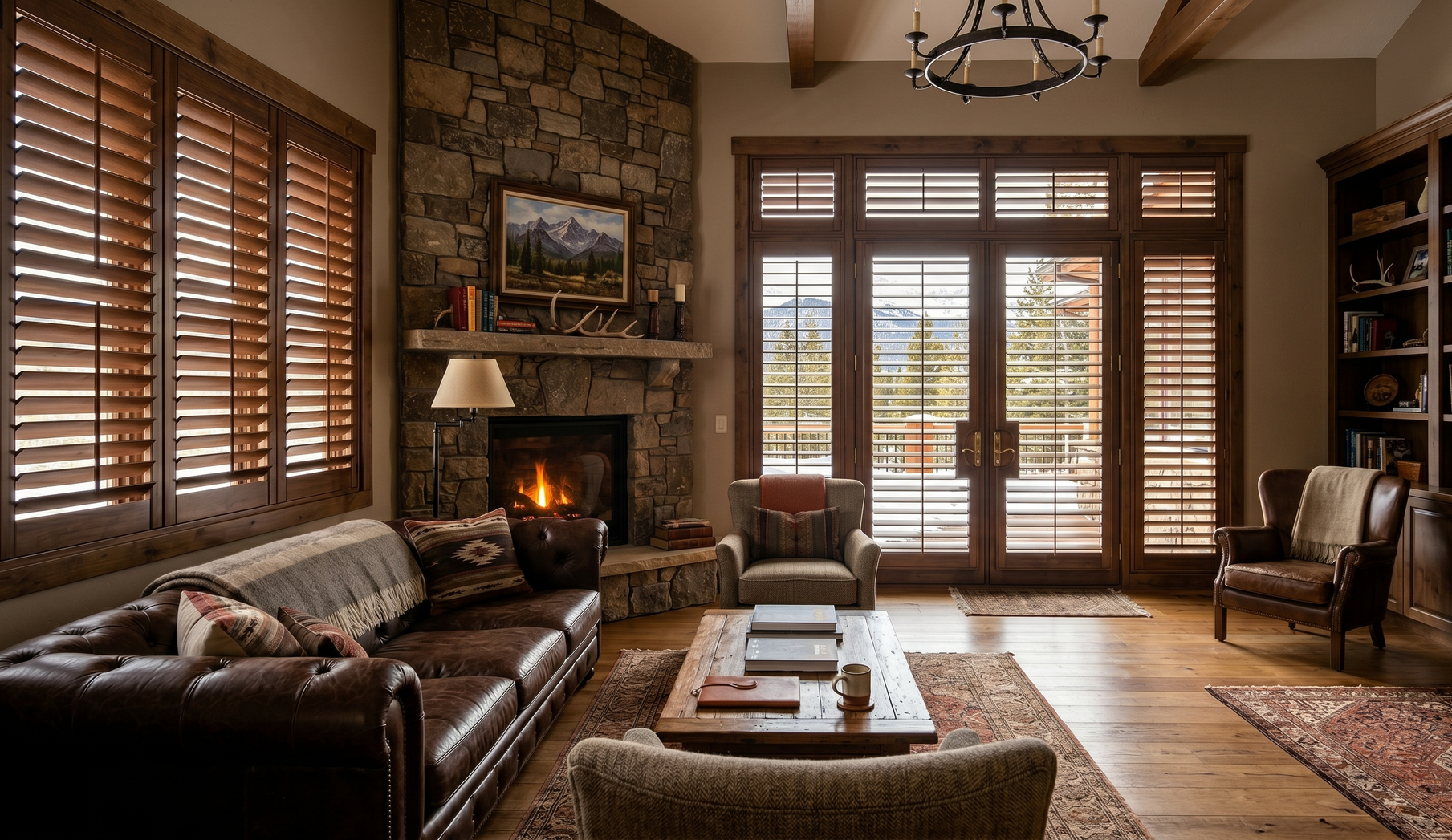 Cozy, rustic living room with leather furniture, a stone fireplace, wooden plantation shutters, and French doors.
