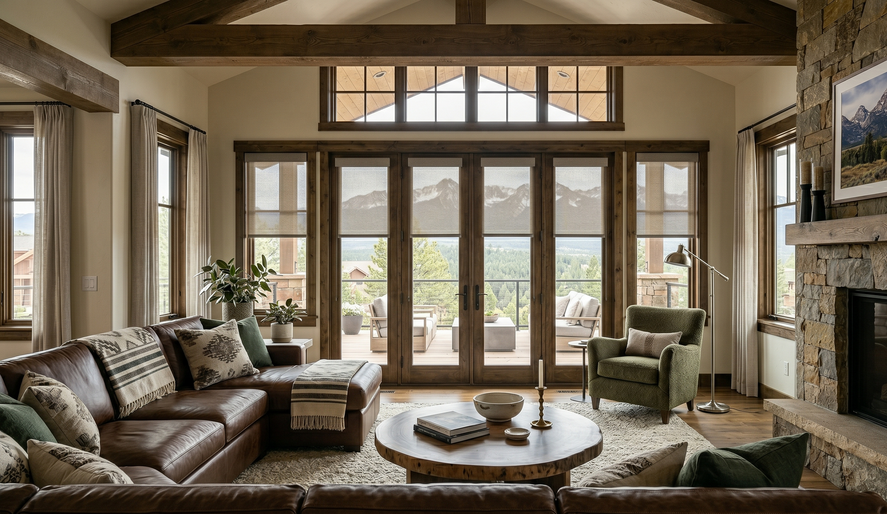 A cozy, rustic living room with a leather sectional, stone fireplace, and large glass doors overlooking mountain views.